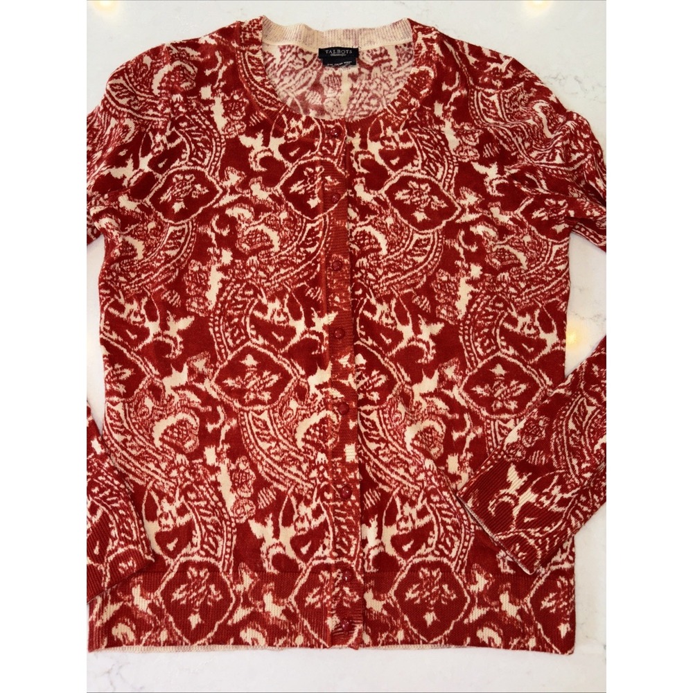 TALBOTS Orange Paisley Italian Merino Wool Cardigan Sweater Womens Small Button